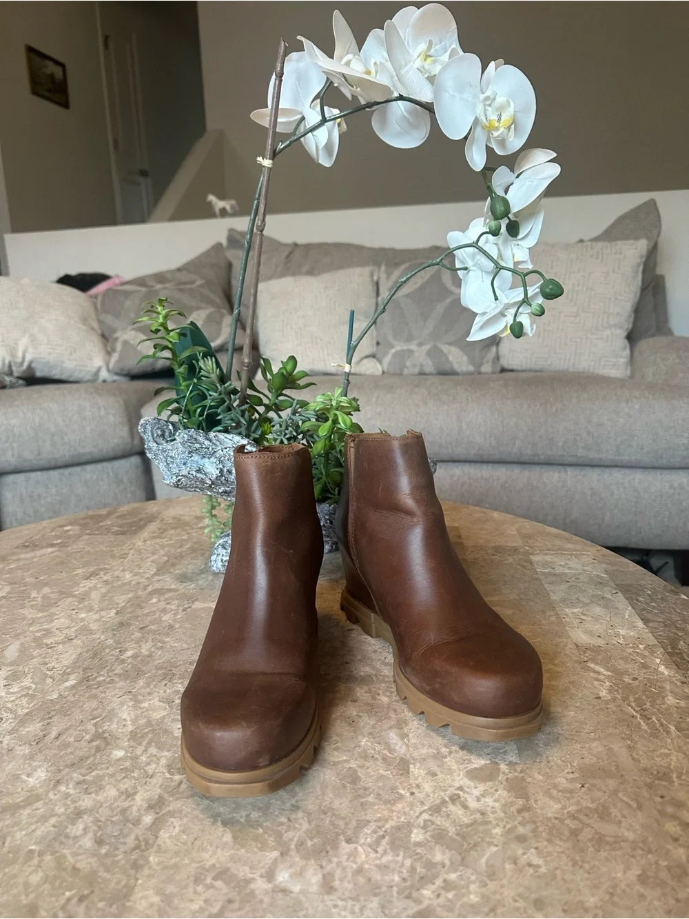 Sorel Brown Leather Wedge Ankle Booties with Side Zip size 9